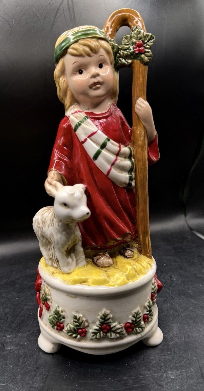 Vintage Ceramic Christmas Shepherd Boy W/Lamb MUSICAL “Ole Little Town of Beth..